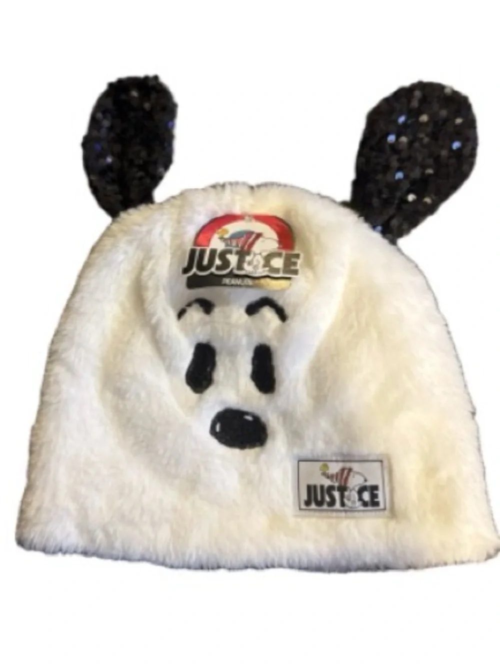 Peanuts x Justice White Plush snoopy Ear Hat with Black Sparkle Ears